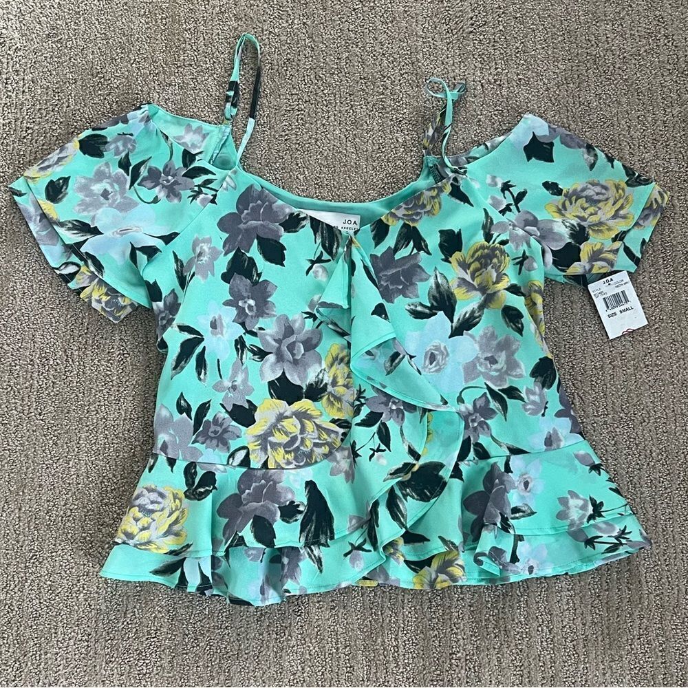 J.O.A. Teal Flower Ruffle off the shoulder cap sleeves Blouse